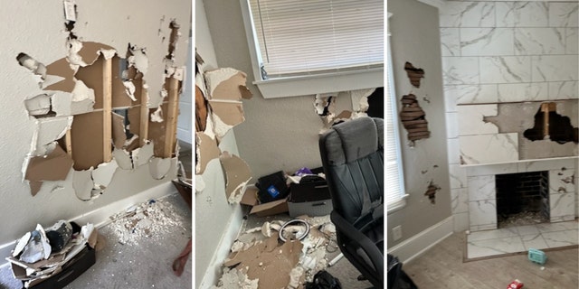 Images of a home destroyed by squatters including walls smashed.