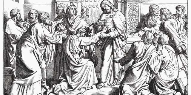 A wood carving of the gospel story of Doubting Thomas, when the resurrected Jesus appeared to his apostles.