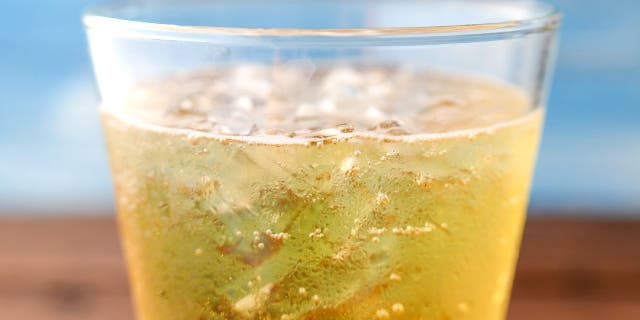 Close-up view of a beer or ale glass.