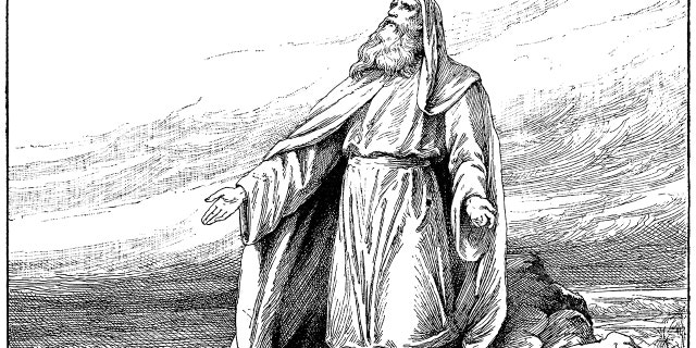 The stone tablets bearing the Ten Commandments being received by Moses on Mount Sinai during the exodus from Egypt. From "Sunday Reading for the Young," published in 1895 by Wells Gardner, Darton & Co, London. Passover commemorates the Jews' exodus from Ancient Egypt.