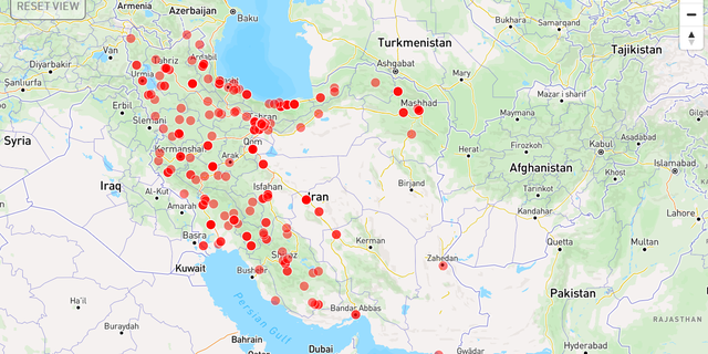 This map of Iran shows sites of purported poisonings over the past months, totaling 328 as of April 14, 2023.