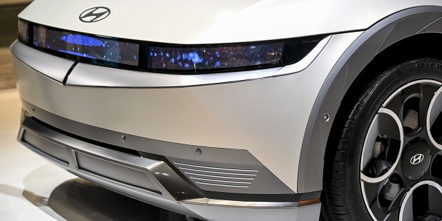 The Hyundai Ioniq 5 Disney 100 Platinum Concept features animated headlight screens.