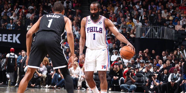 James Harden dribbling against Nets