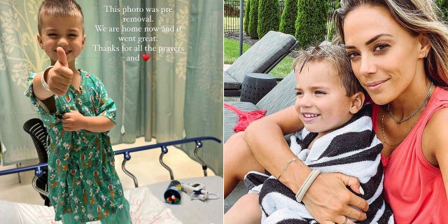 jana kramers son jace giving thumbs up at hospital/jana with jace