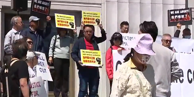 Protesters in support of Jasper Wu's family show up outside the Alameda Court courthouse earlier this April.