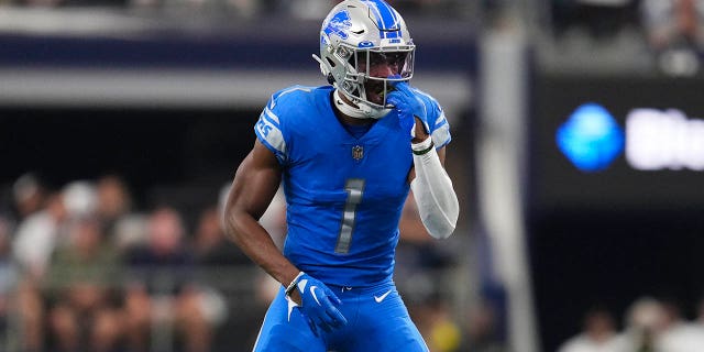Jeff Okudah of the Detroit Lions gets set against the Dallas Cowboys Oct. 23, 2022, in Arlington, Texas.