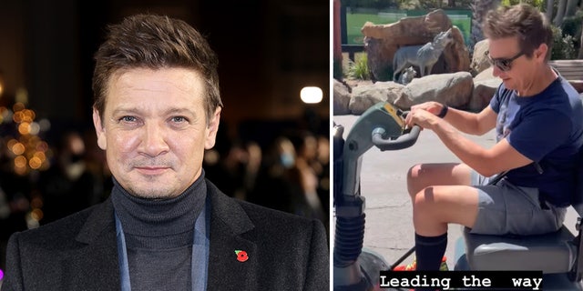 Jeremy Renner uses mobility scooter at theme park four months after near-fatal accident.