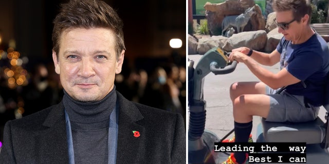 Jeremy Renner uses mobility scooter at theme park four months after near-fatal accident.