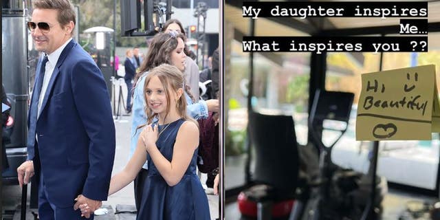 Jeremy REnner with his daughter next to a photo of a sticky note that says "hi beautiful"
