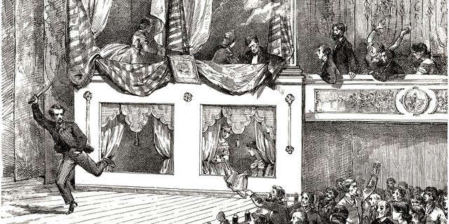 An engraving depicts John Wilkes Booth escaping after shooting President Lincoln at Ford's Theatre. 