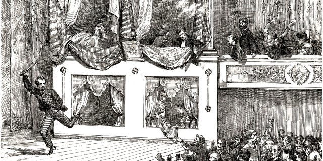 An engraving depicts John Wilkes Booth escaping after shooting President Lincoln at Ford's Theatre.