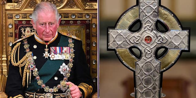 A split of King Charles and the coronation cross