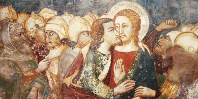 Kiss of Judas, 14th century fresco by the Master Trecentesco of Sacro Specol. Upper Church of Sacro Speco Monastery, Subiaco. Italy, 14th century. (Photo by DeAgostini/Getty Images)