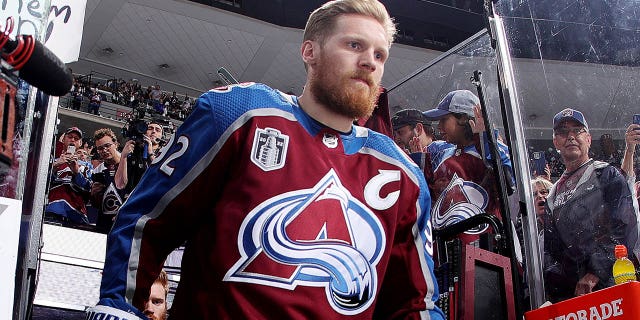 Gabriel Landeskog #92 of the Colorado Avalanche takes to the ice prior to the game against the Tampa Bay Lightning in Game Five of the 2022 Stanley Cup Final at Ball Arena on June 24, 2022 in Denver, Colorado.