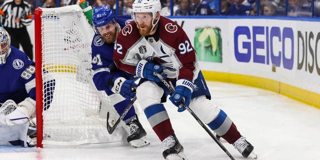 Cernak #81 of the Tampa Bay Lightning chases against Gabriel Landeskog #92 of the Colorado Avalanche during second period in Game Six of the 2022 Stanley Cup Final at Amalie Arena on June 26, 2022 in Tampa, Florida.