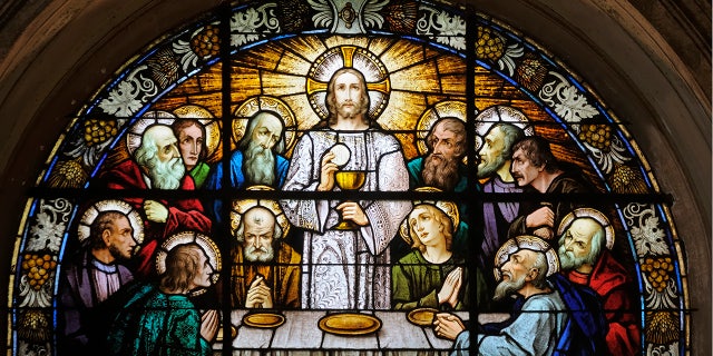 A stained-glass window in Rome's Church of Santa Croce in Gerusalemme depicts the Last Supper.