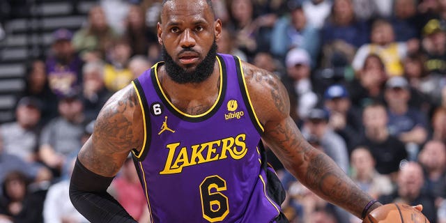 LeBron James #6 of the Los Angeles Lakers goes to the basket during the game on April 4, 2023 at vivint.SmartHome Arena in Salt Lake City, Utah.