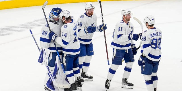 Andrei Vasilevskiy #88 of the Tampa Bay Lightning celebrates with teammate Pat Maroon #14 after defeating the Toronto Maple Leafs in Game One of the First Round of the 2023 Stanley Cup Playoffs at the Scotiabank Arena on April 18, 2023 in Toronto, Ontario, Canada
