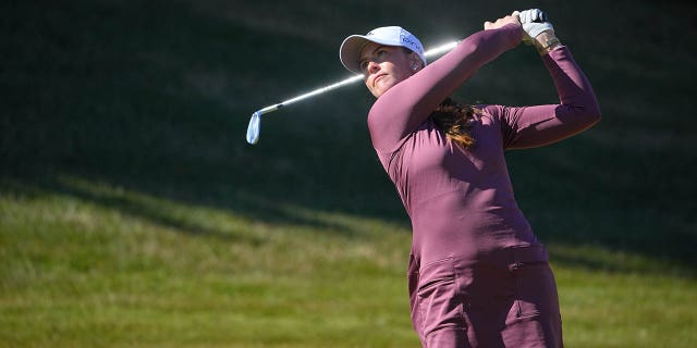 Linn Grant hits her second shot on the fifth hole during the TOTO Japan Classic at Seta Golf Course North Course on Nov. 6, 2022, in Otsu, Shiga.