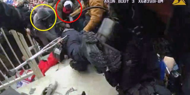 Logan Barnhart, circled in yellow, was sentenced to three years in prison for assaulting Capitol police officers during the Jan. 6, 2021 riot.