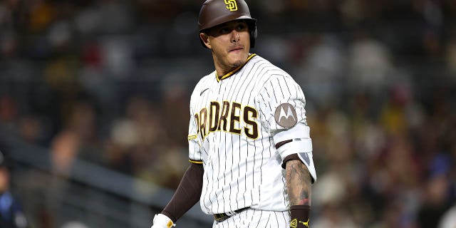 Manny Machado of the San Diego Padres reacts after flying out during the seventh inning of a game against the Arizona Diamondbacks at PETCO Park April 3, 2023, in San Diego.