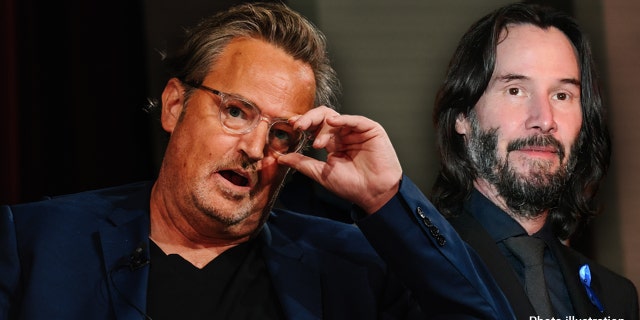 Matthew Perry fixes his glasses at book festival, Keanu Reeves wears black suit at movie premiere.