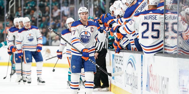 Connor McDavid #97 of the Edmonton Oilers celebrates scoring a goal in the first period against the San Jose Sharks at SAP Center on April 8, 2023 in San Jose, California.