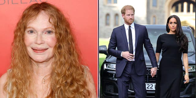 A split of Mia Farrow and Prince Harry and Meghan Markle