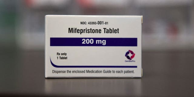 A box containing a Mifepristone tablet is seen at a clinic in Missoula, Montana, on Feb. 28, 2023. 