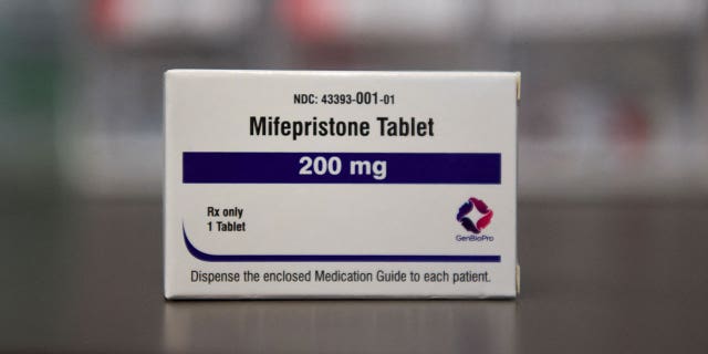 A box containing a Mifepristone tablet is seen at a clinic in Missoula, Montana, on Feb. 28, 2023. 