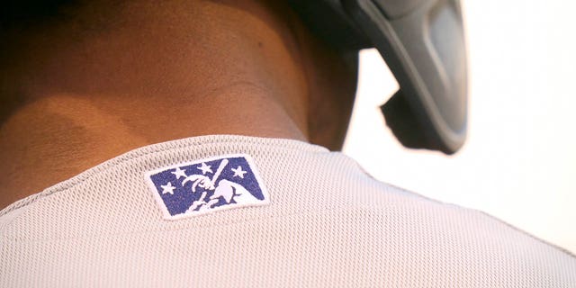 Una vista de cerca del logotipo de una liga menor de béisbol en la camiseta de un jugador de Hudson Valley Renegades durante un partido contra los Brooklyn Cyclones en Maimonides Park en Brooklyn, NY el 18 de mayo de 2021.