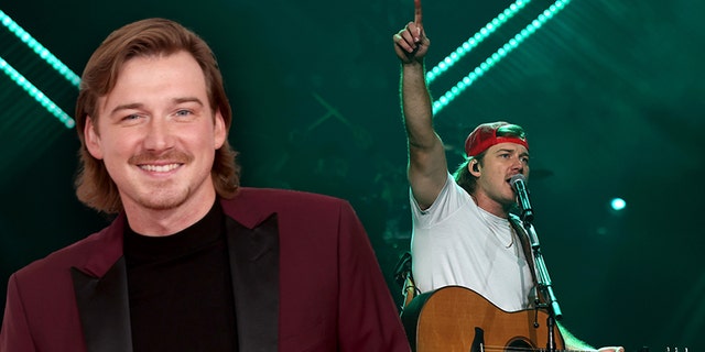 Morgan Wallen wears red tuxedo and performs on stage at a country concert