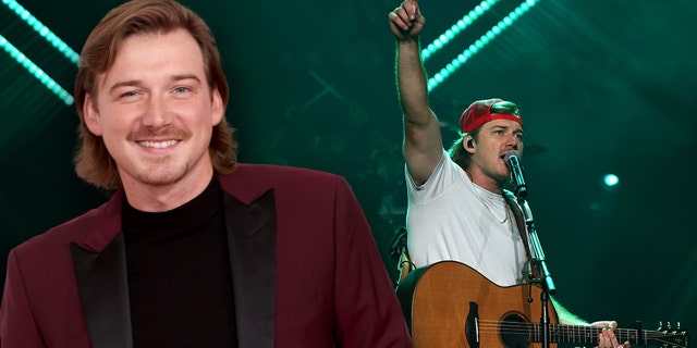 Morgan Wallen wears red tuxedo and performs on stage at a country concert