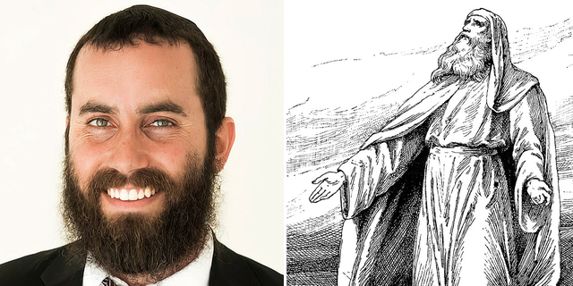 At left, Rabbi Pinchas Taylor of Florida. On right, a rendering of Moses, who led the Jews out of Egypt.