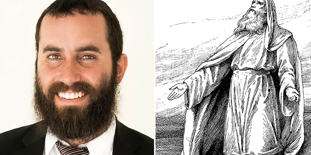 At left, Rabbi Pinchas Taylor of Florida. On right, a rendering of Moses, who led the Jews out of Egypt.