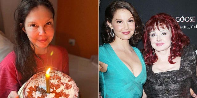 ashley judd with her birthday cake ashley smiling with mom naomi on red carpet