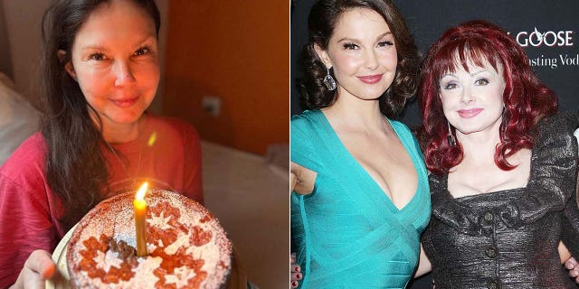 ashley judd with her birthday cake ashley smiling with mom naomi on red carpet