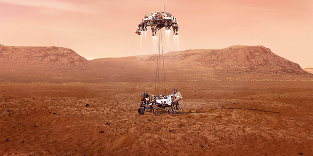 Gambar yang disediakan oleh NASA ini menunjukkan ilustrasi penjelajah Perseverance NASA yang mendarat dengan selamat di Mars.