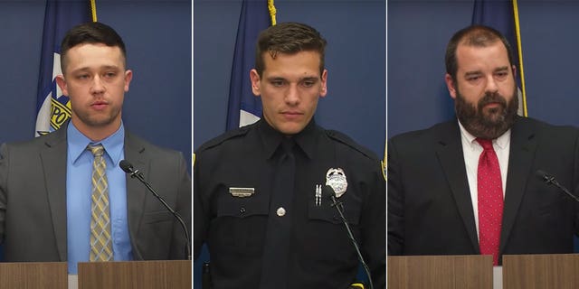 From left to right, Nashville Police Officers Michael Collazo, Rex Engelbert and Det. Sgt. Jeff Mathes detail response to The Covenant School shooting at a press conference Tuesday.