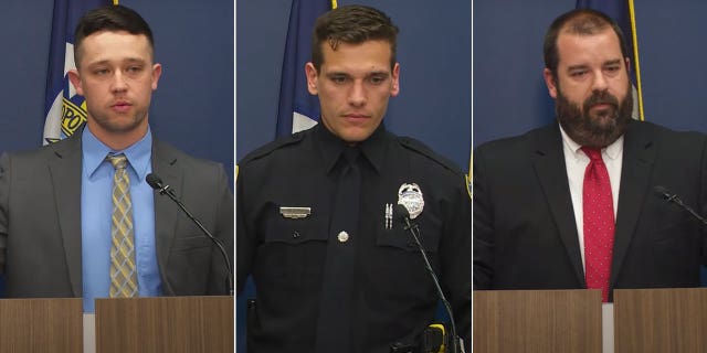 From left to right, Nashville Police Officers Michael Collazo, Rex Engelbert and Det. Sgt. Jeff Mathes detail response to The Covenant School shooting at a press conference Tuesday.