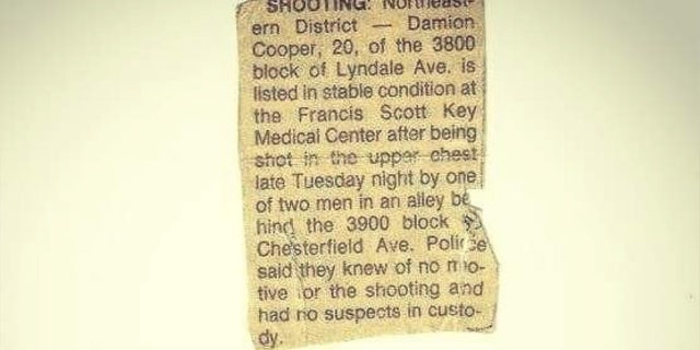 A news clipping documents Damion Cooper's 1992 shooting