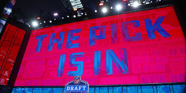 The Pick is In logo on the video board during the first round at the 2018 NFL Draft at AT&amp;T Stadium on April 26, 2018 at AT&amp;T Stadium in Arlington Texas.