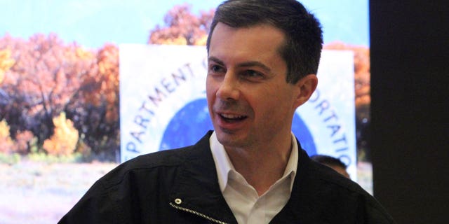 U.S. Transportation Secretary Pete Buttigieg speaks about a federal pilot project to fund wildlife crossing corridors along busy roads in Santa Ana Pueblo, New Mexico, on April 4, 2023.
