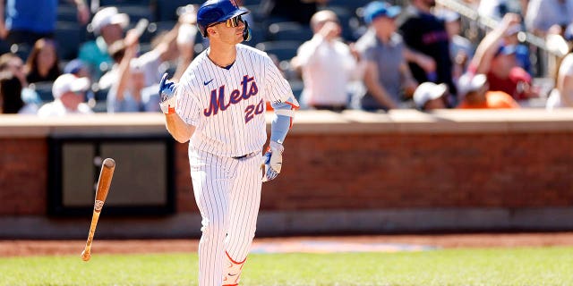 Pete Alonso of the New York Mets reacts after hitting a solo home run during the fifth inning against the San Diego Padres at Citi Field April 12, 2023, in the Flushing neighborhood of the Queens borough of New York City.