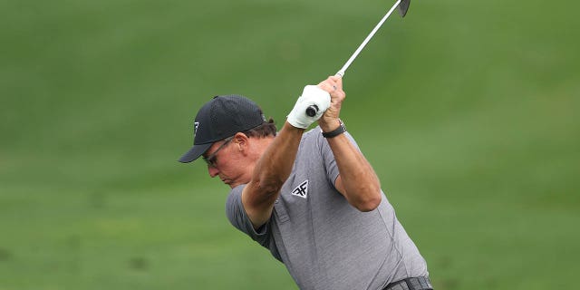 Phil Mickelson of the United States warms up on the practice area prior to the 2023 Masters Tournament at Augusta National Golf Club on April 4, 2023 in Augusta, Georgia.
