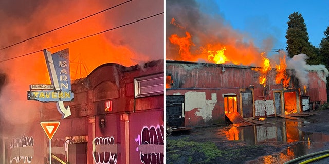 Flames pour out of an abandoned tavern in Portland, Oregon