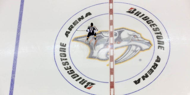 General view as center David Legwand #11 of the Nashville Predators skates over the logo at the Bridgestone Arena prior to a game against the Edmonton Oilers on March 2, 2010 at the Bridgestone Arena in Nashville, Tennessee.