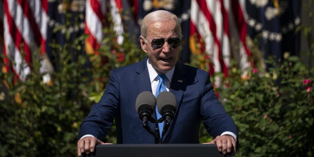 US President Joe Biden speaks during an event in the Rose Garden of the White House
