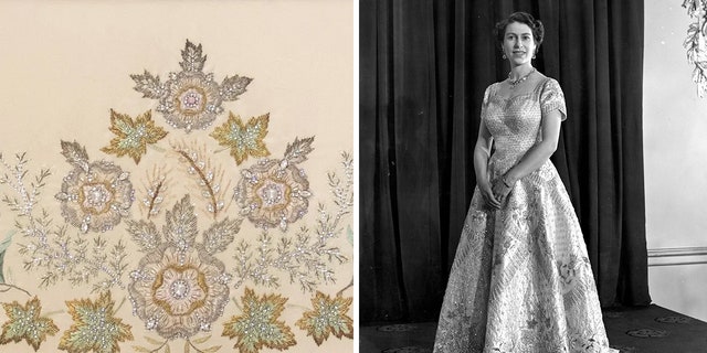 The fabric swatch depicts a "detailed floral beaded pattern" similar to the one worn by Queen Elizabeth on the day of her June 1953 coronation.