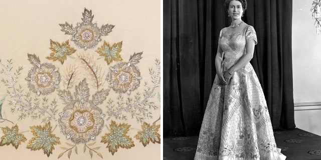 The fabric swatch depicts a "detailed floral beaded pattern" similar to the one worn by Queen Elizabeth on the day of her June 1953 coronation.